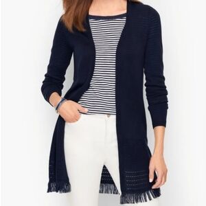 Talbots Women's Navy Blue W Fringe Bottom Open Cardigan Holiday Feminine SZ L